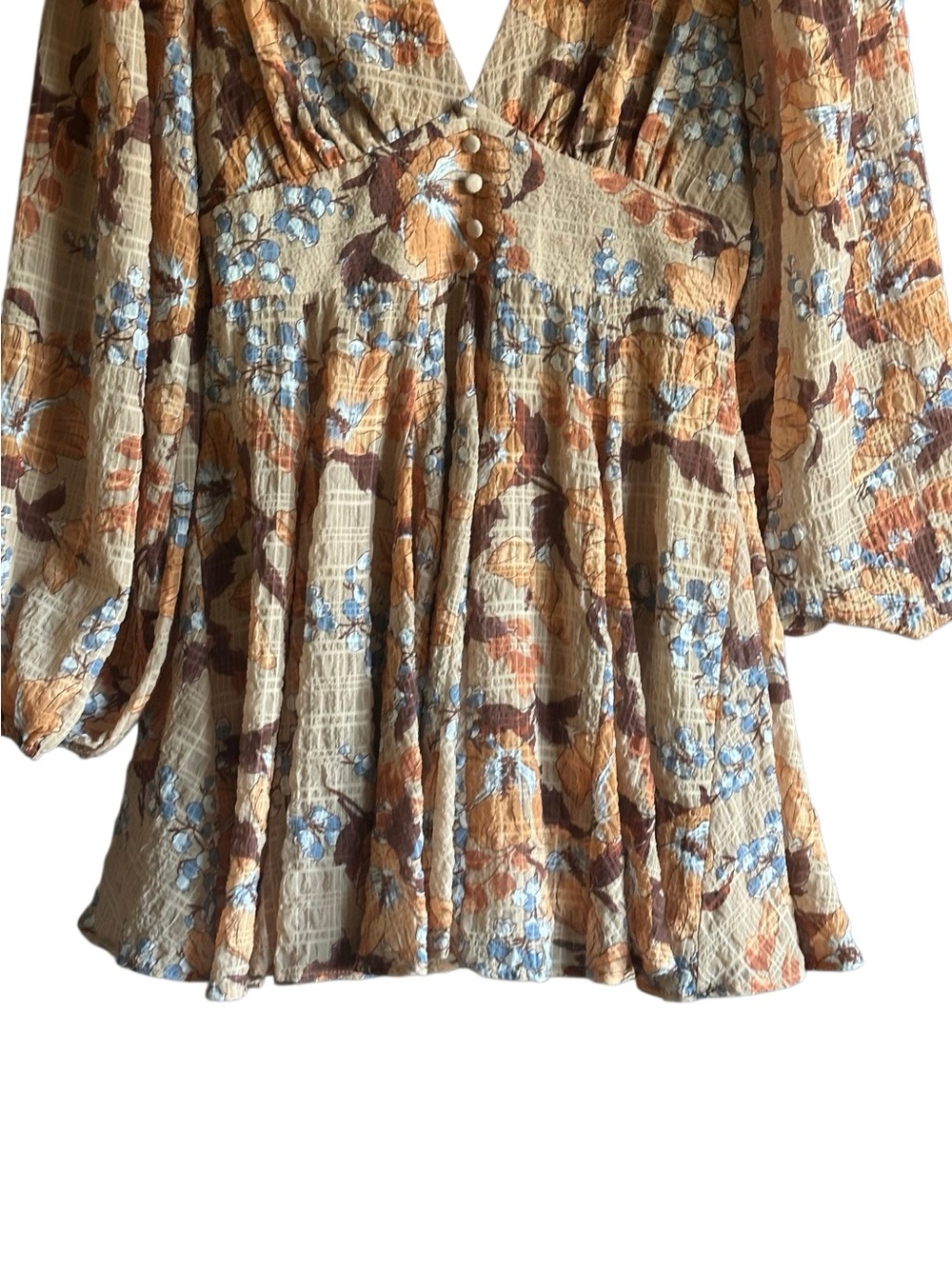 Flying Tomato Beige Floral V-Neck Puff Long Sleeve Mini Dress Zip Size Medium - Picture 7 of 12